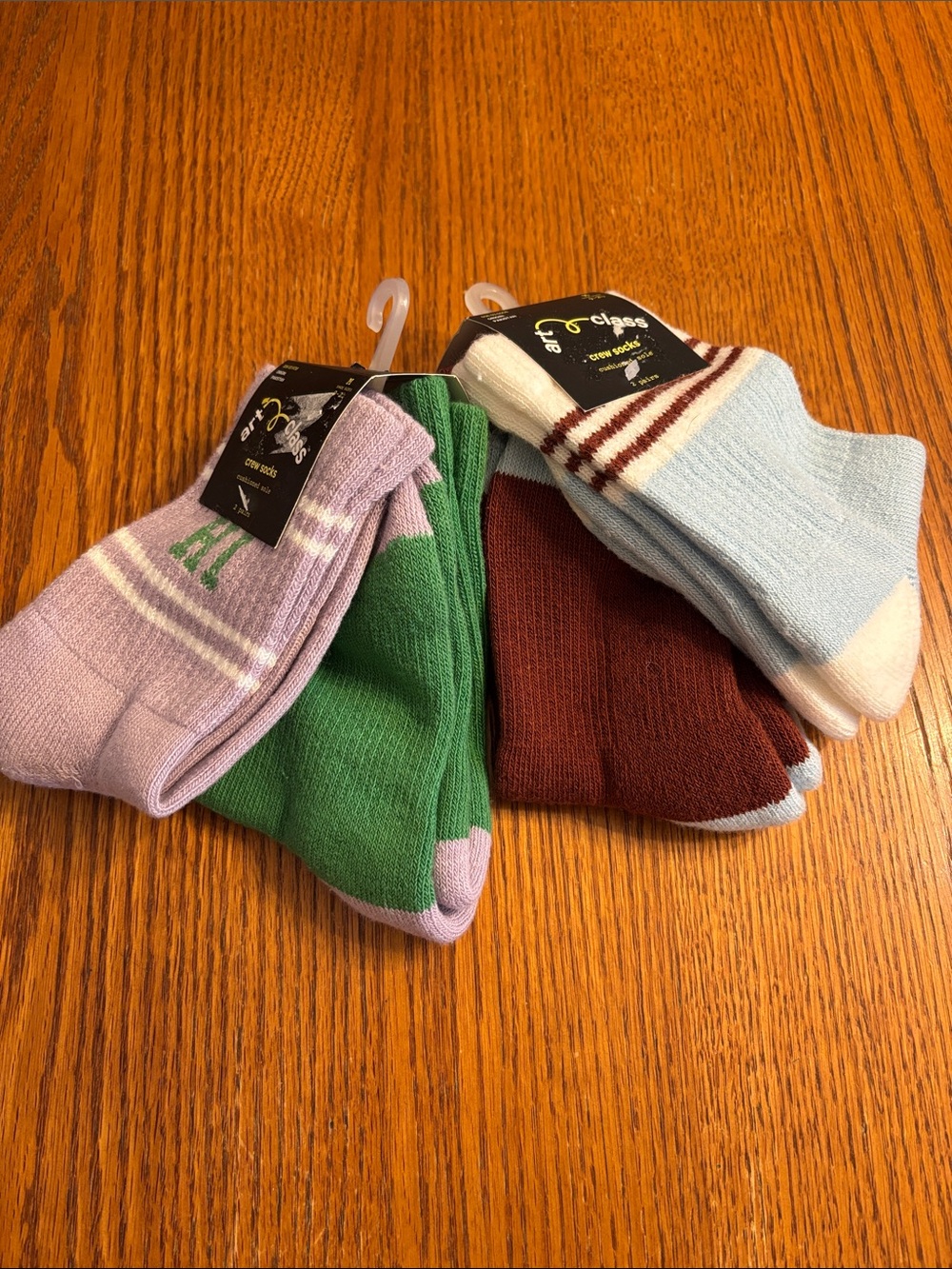art class 4 Pairs Crew Socks Light Blue, Lavender, Brown & Green Accents NWT